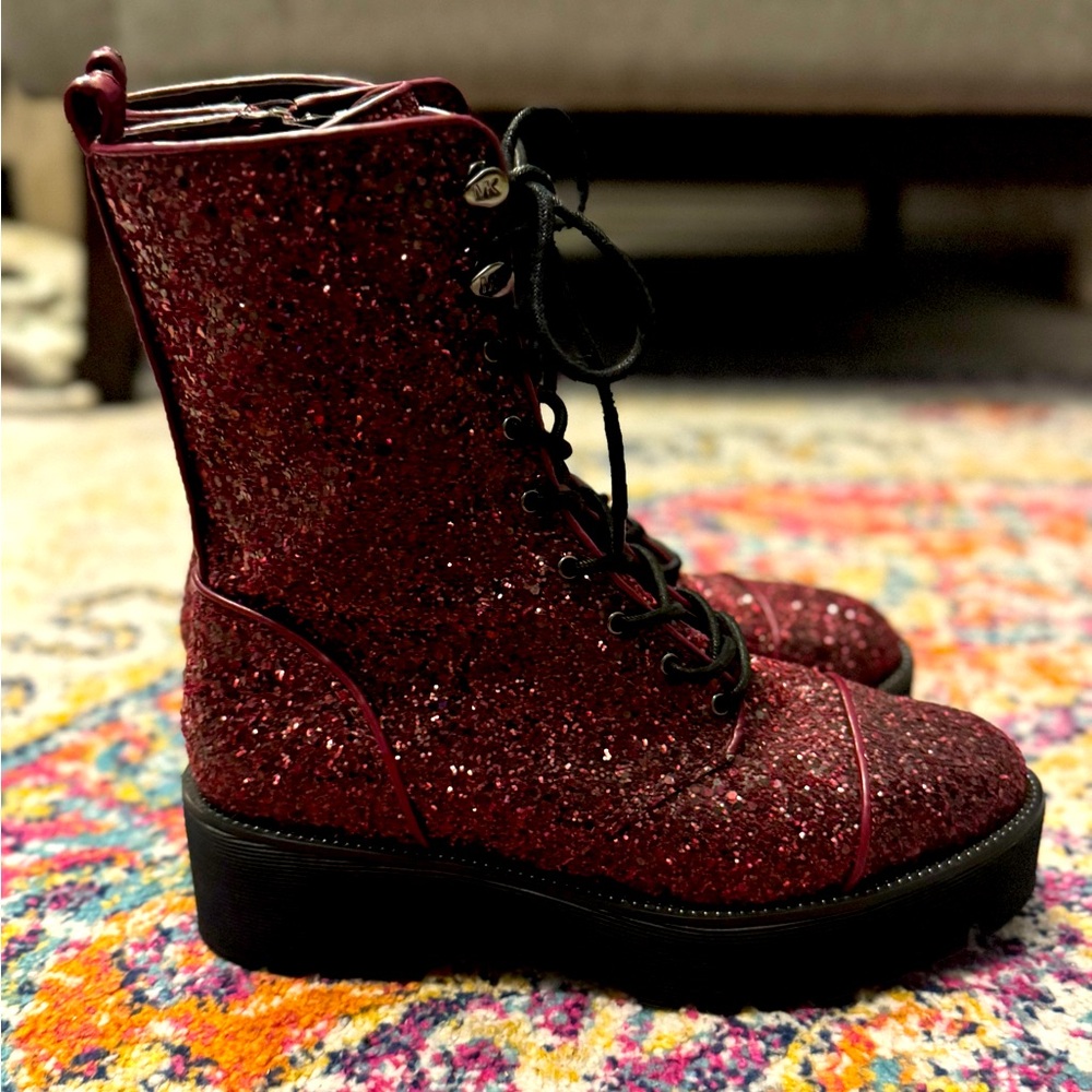 Michael Kors Bryce Leather Platform Combat Boot - maroon glitter - 8&1/2 - Picture 3 of 9